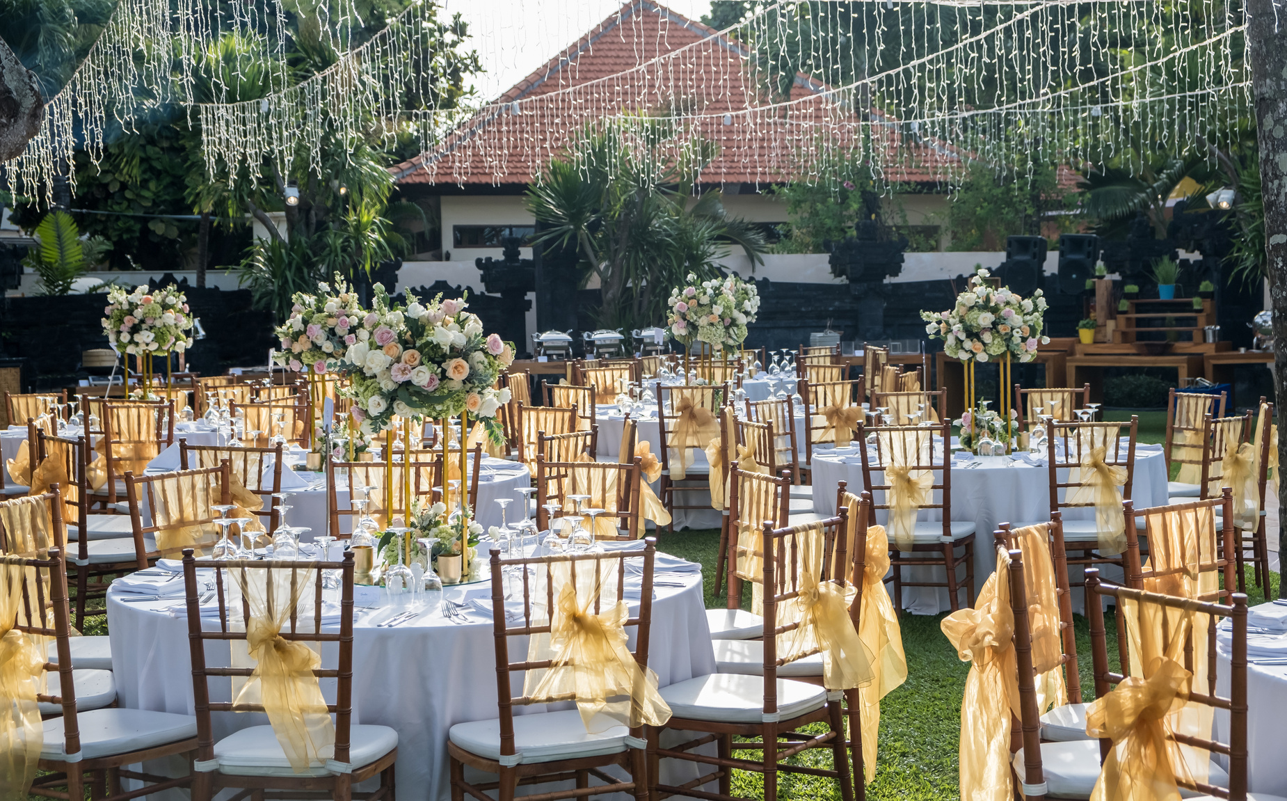 Wedding outdoor table set up. Beautiful garden wedding venue
